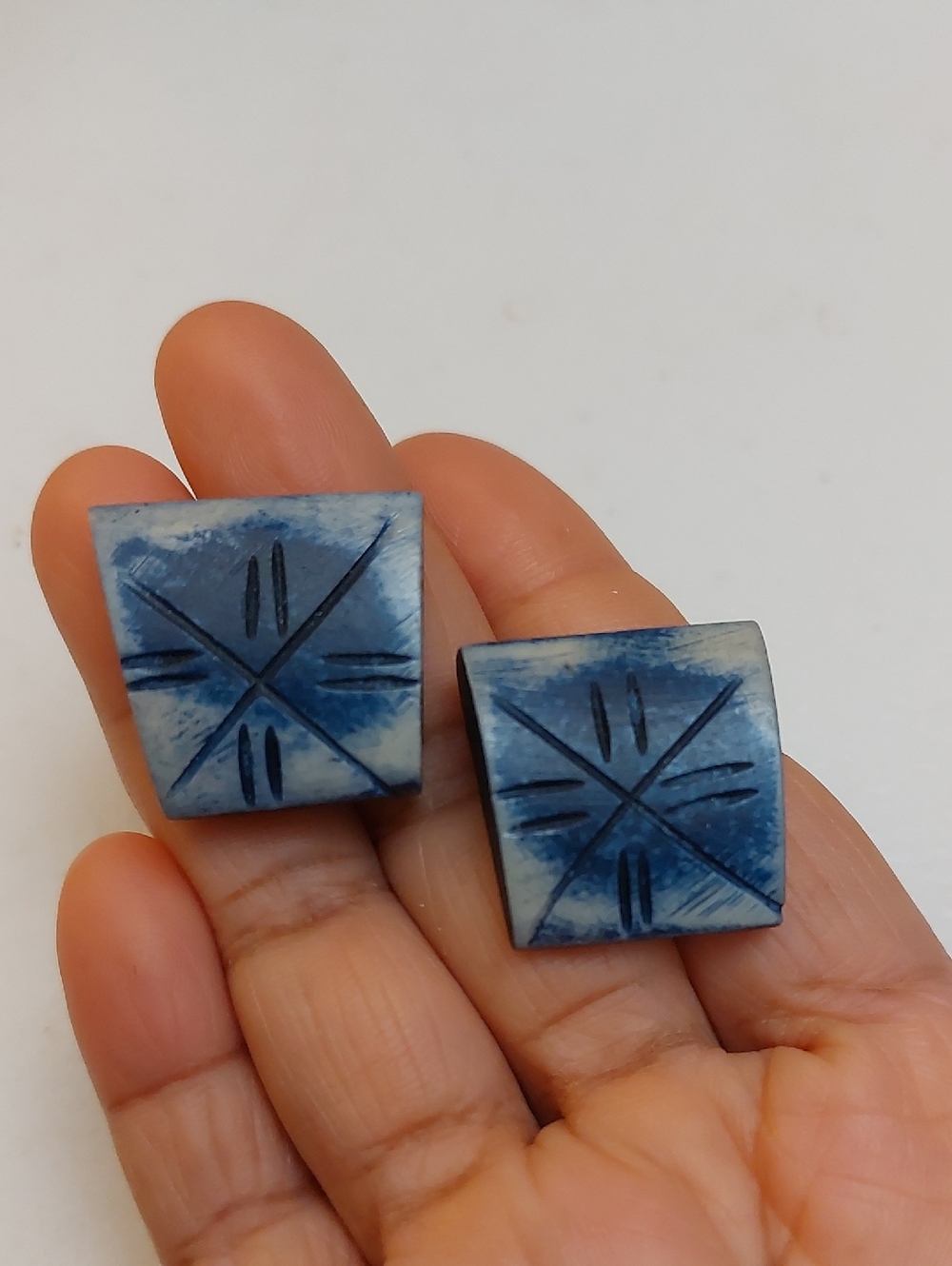 Vintage Blue Denim Dyed Bone Chunky Stud Earrings Engraved Starburst Design